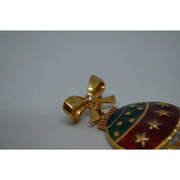 Christmas Ornament Enamel Brooch Dangle Pin Xmas Gold Tone 2" Vtg  Costume - Picture 4 of 9